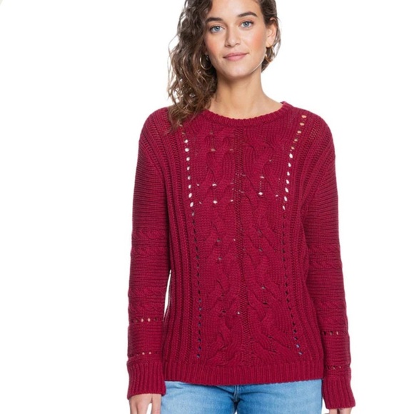 Women’s Roxy Paradise Maker Crew Cable Knit Sweater Red Cotton Blend Size Medium - Picture 1 of 12